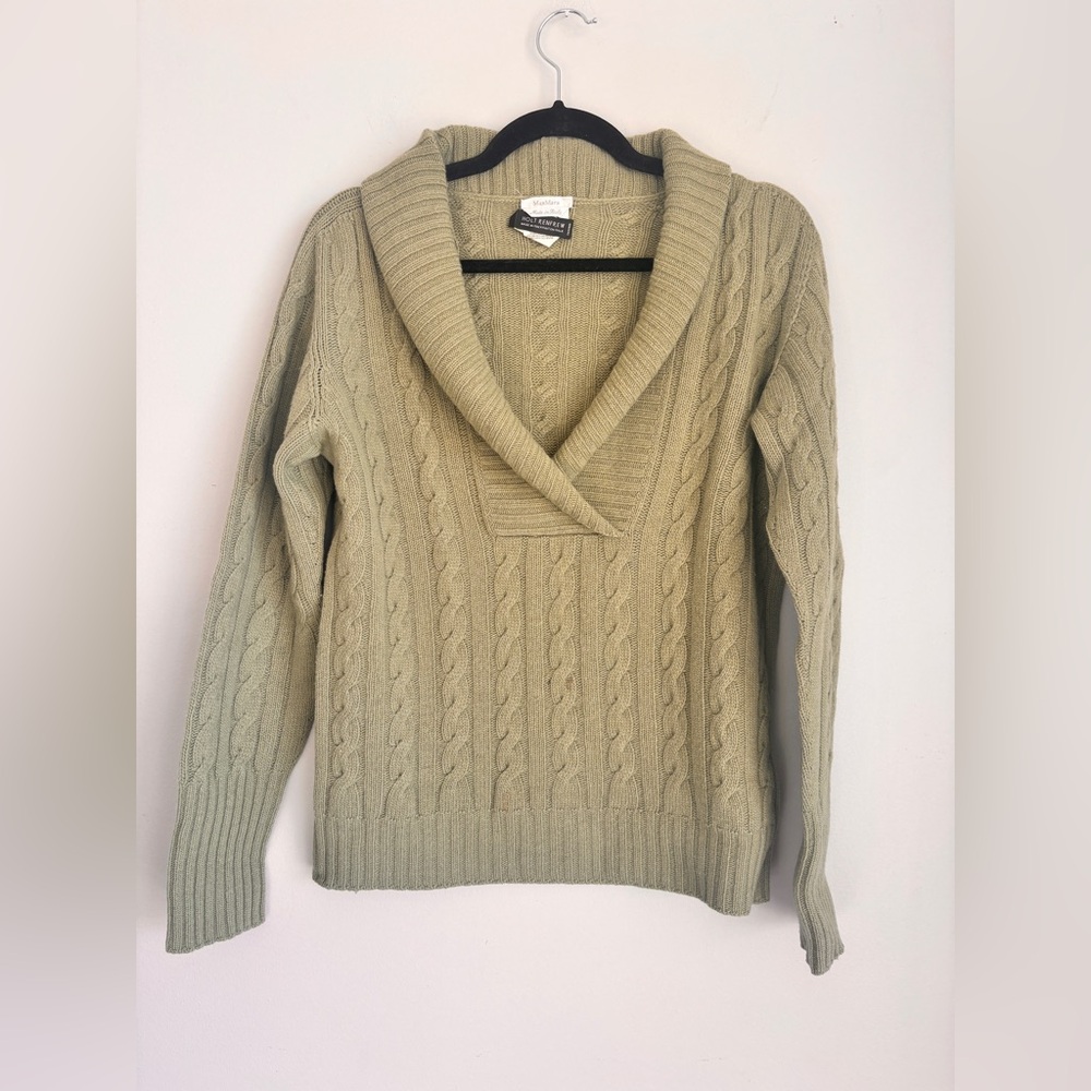 Cable Wool Knit Shawl Collar Sweater - Olive Green